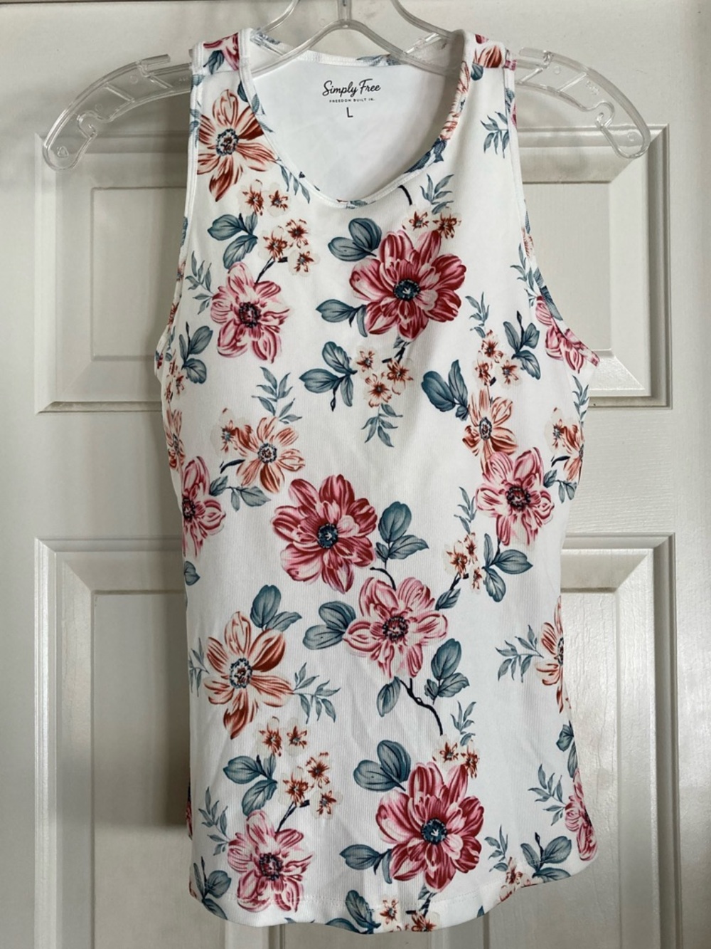 Simply Free Floral Sleeveless Tank Top - White with Pink & Teal Flowers